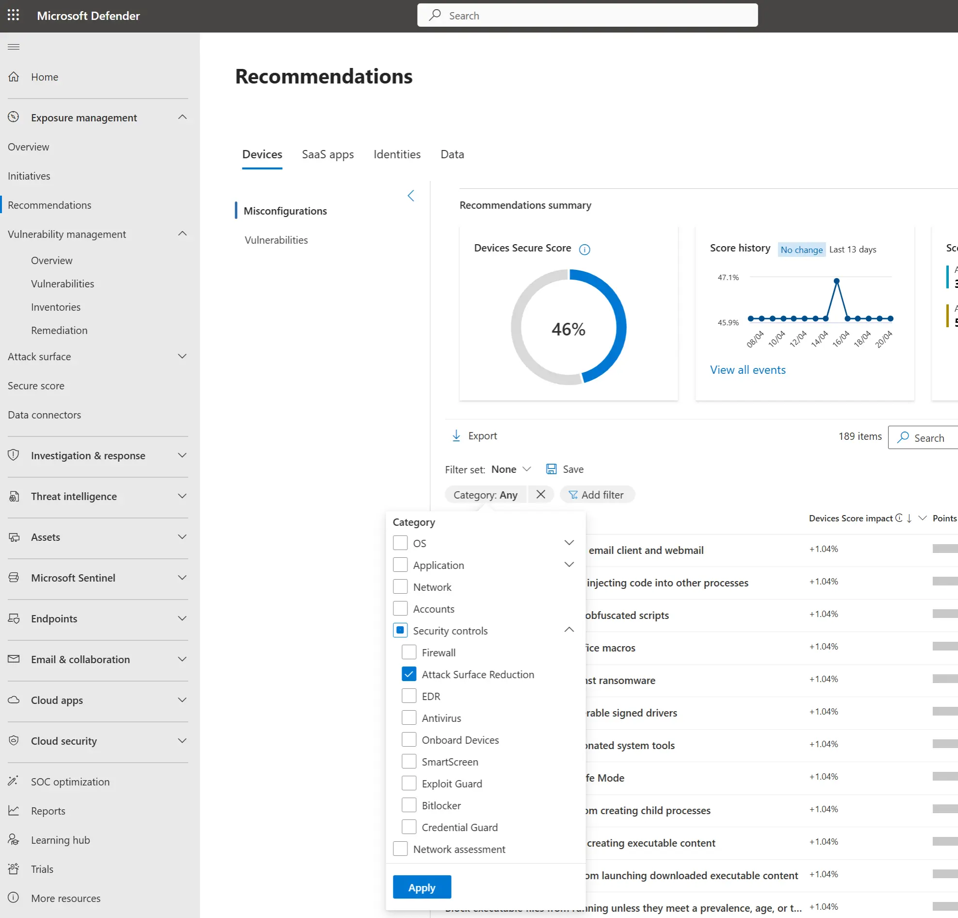 Filter recommendations to Attack Surface reduction controls