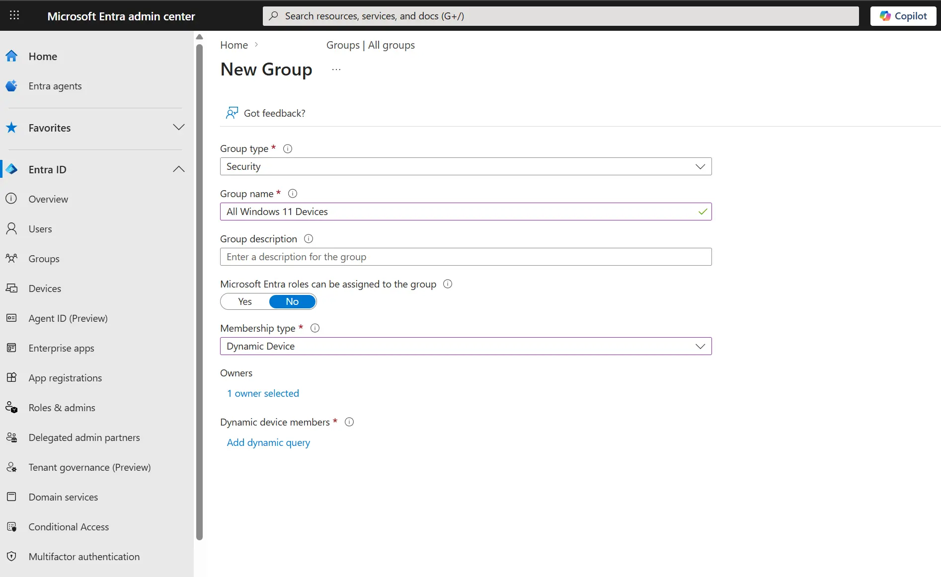 New group creation page in Entra