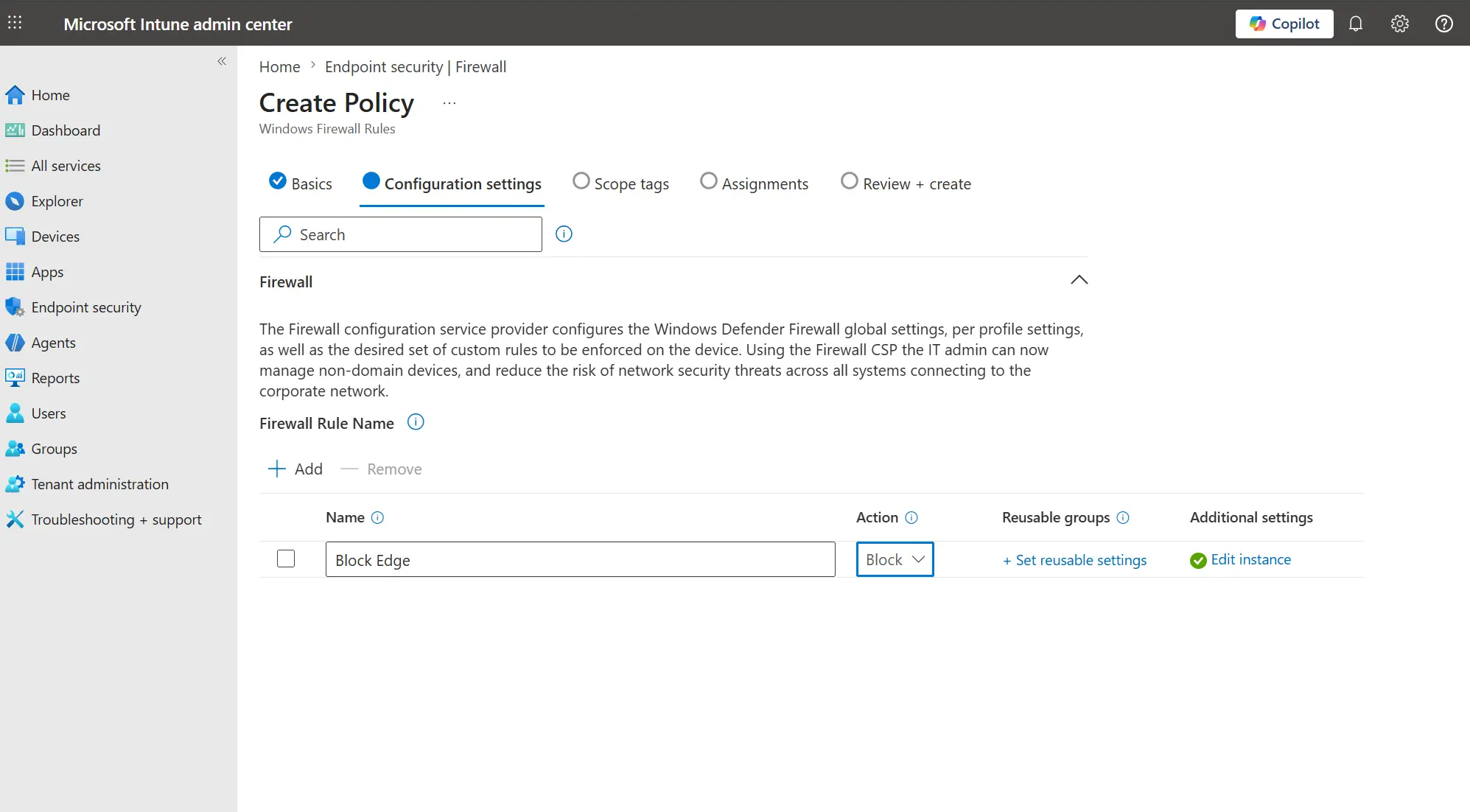 Add firewall rule and set action to Block