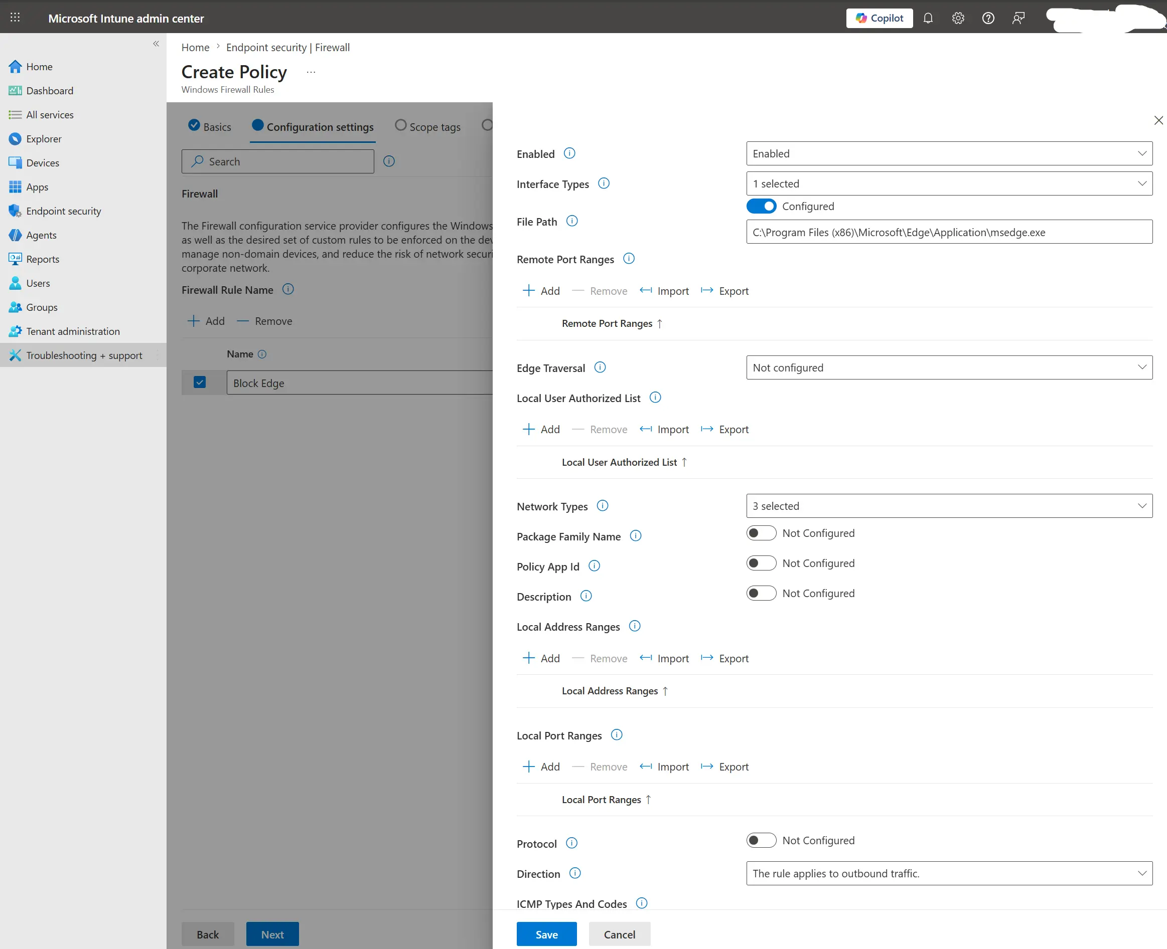 Firewall rule configuration for Edge outbound block